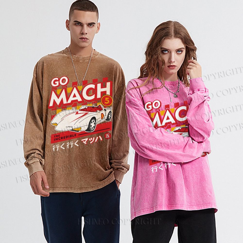 Unisex Casual Washed Speed Racer Printed Long Sleeve T-shirt
