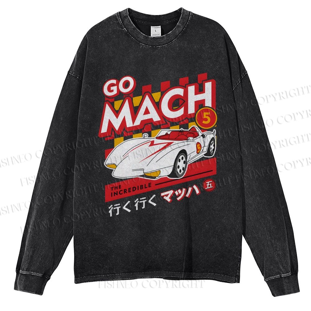 Unisex Casual Washed Speed Racer Printed Long Sleeve T-shirt