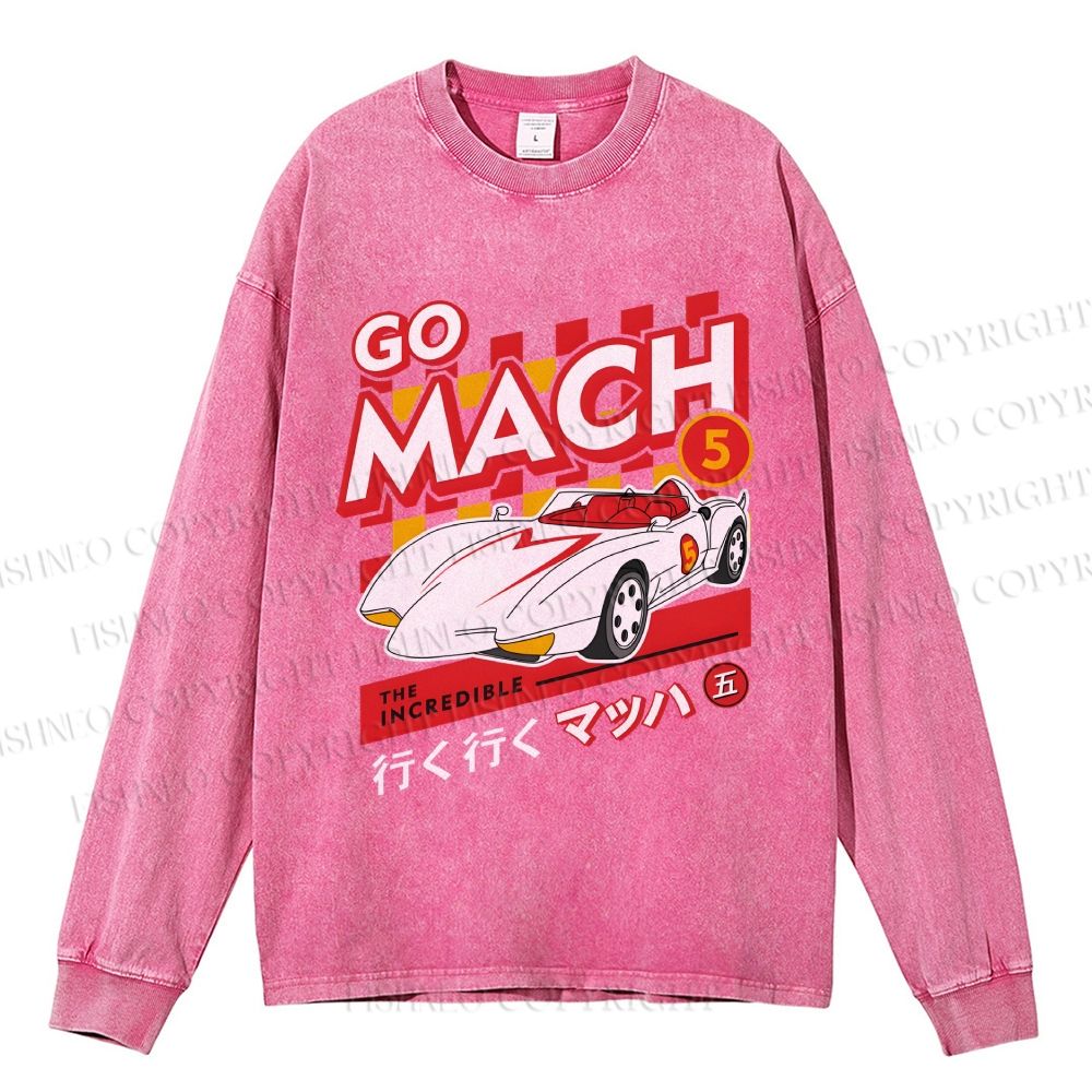 Unisex Casual Washed Speed Racer Printed Long Sleeve T-shirt