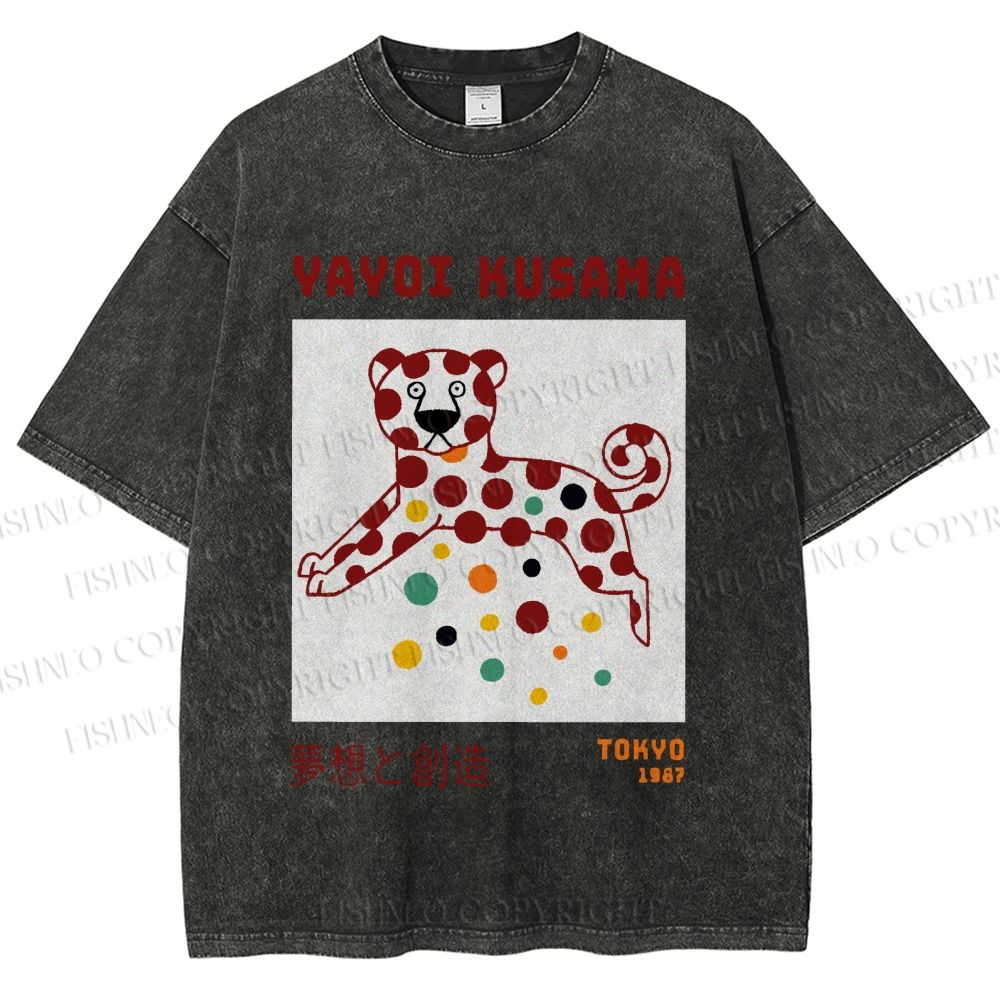 Unisex Yayoi Kusama Funny Panther Dots Printed Washed Tee