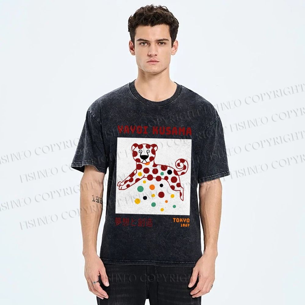 Unisex Yayoi Kusama Funny Panther Dots Printed Washed Tee