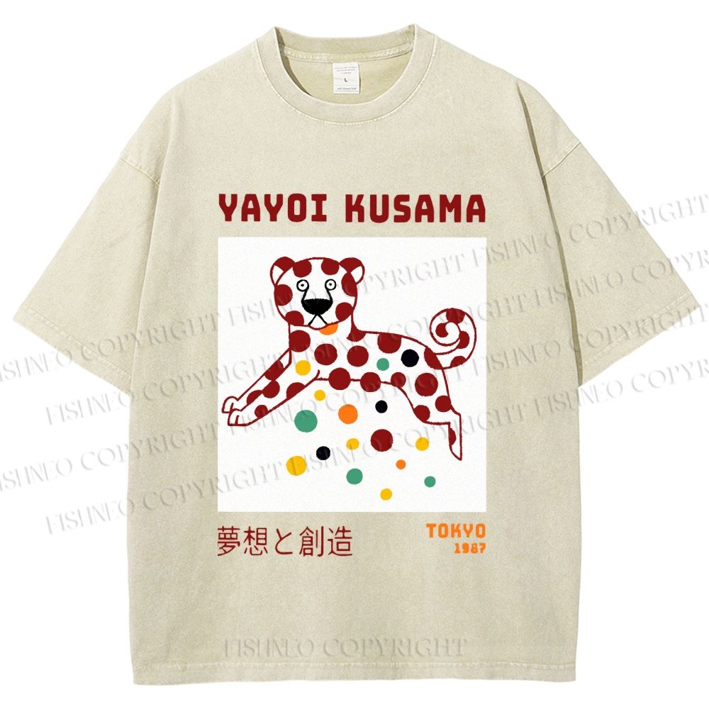 Unisex Yayoi Kusama Funny Panther Dots Printed Washed Tee