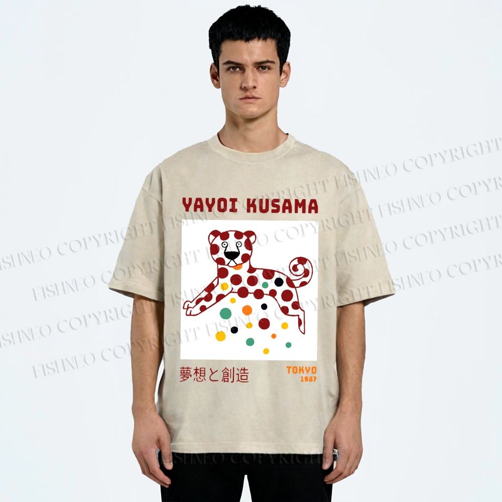 Unisex Yayoi Kusama Funny Panther Dots Printed Washed Tee