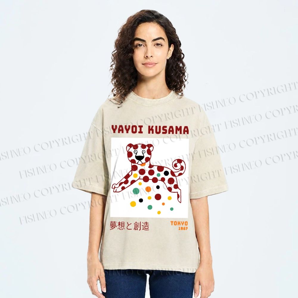 Unisex Yayoi Kusama Funny Panther Dots Printed Washed Tee