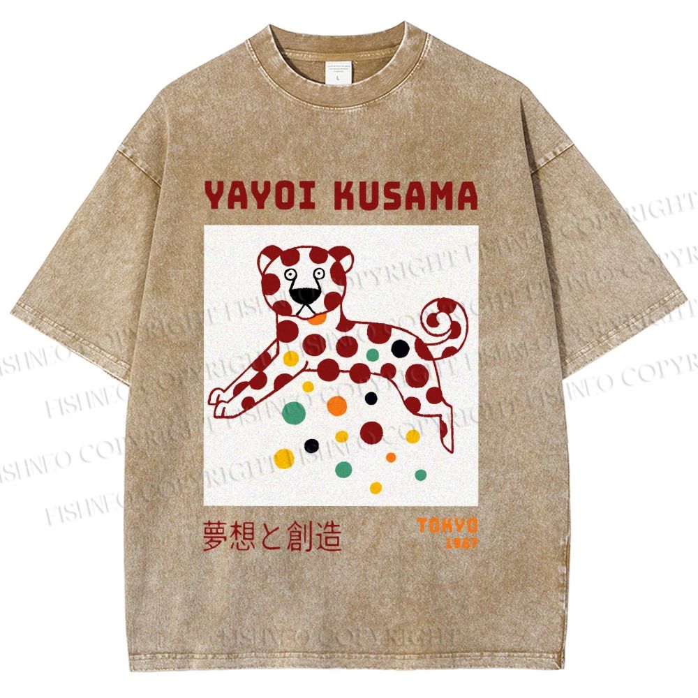Unisex Yayoi Kusama Funny Panther Dots Printed Washed Tee