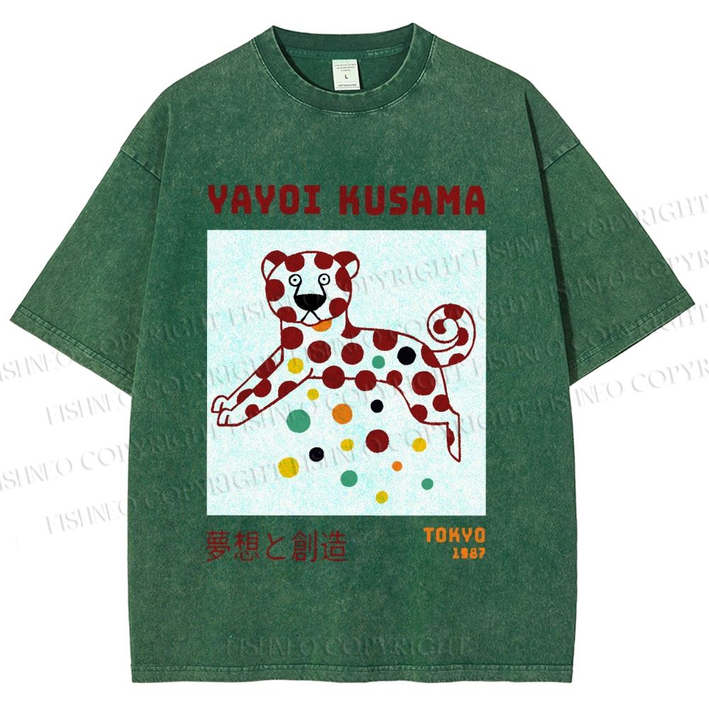 Unisex Yayoi Kusama Funny Panther Dots Printed Washed Tee