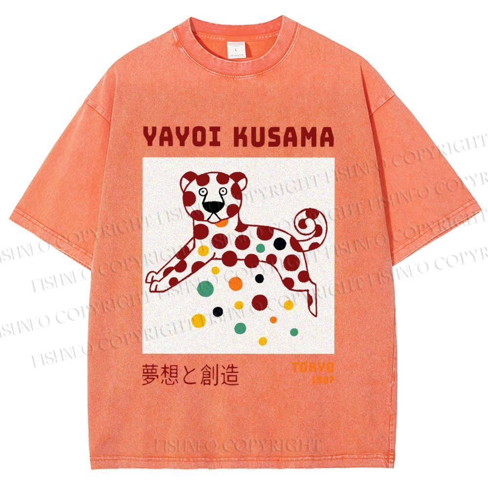 Unisex Yayoi Kusama Funny Panther Dots Printed Washed Tee