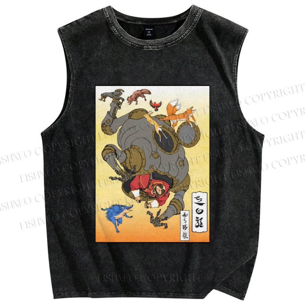 Unisex Japanese Ukiyo-e Man Cracking the Egg Printed Washed Tank Top