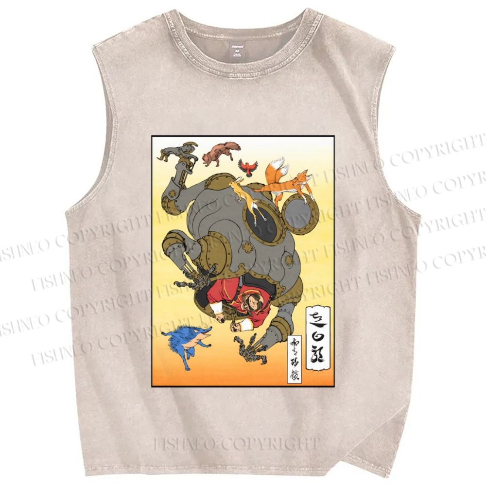 Unisex Japanese Ukiyo-e Man Cracking the Egg Printed Washed Tank Top