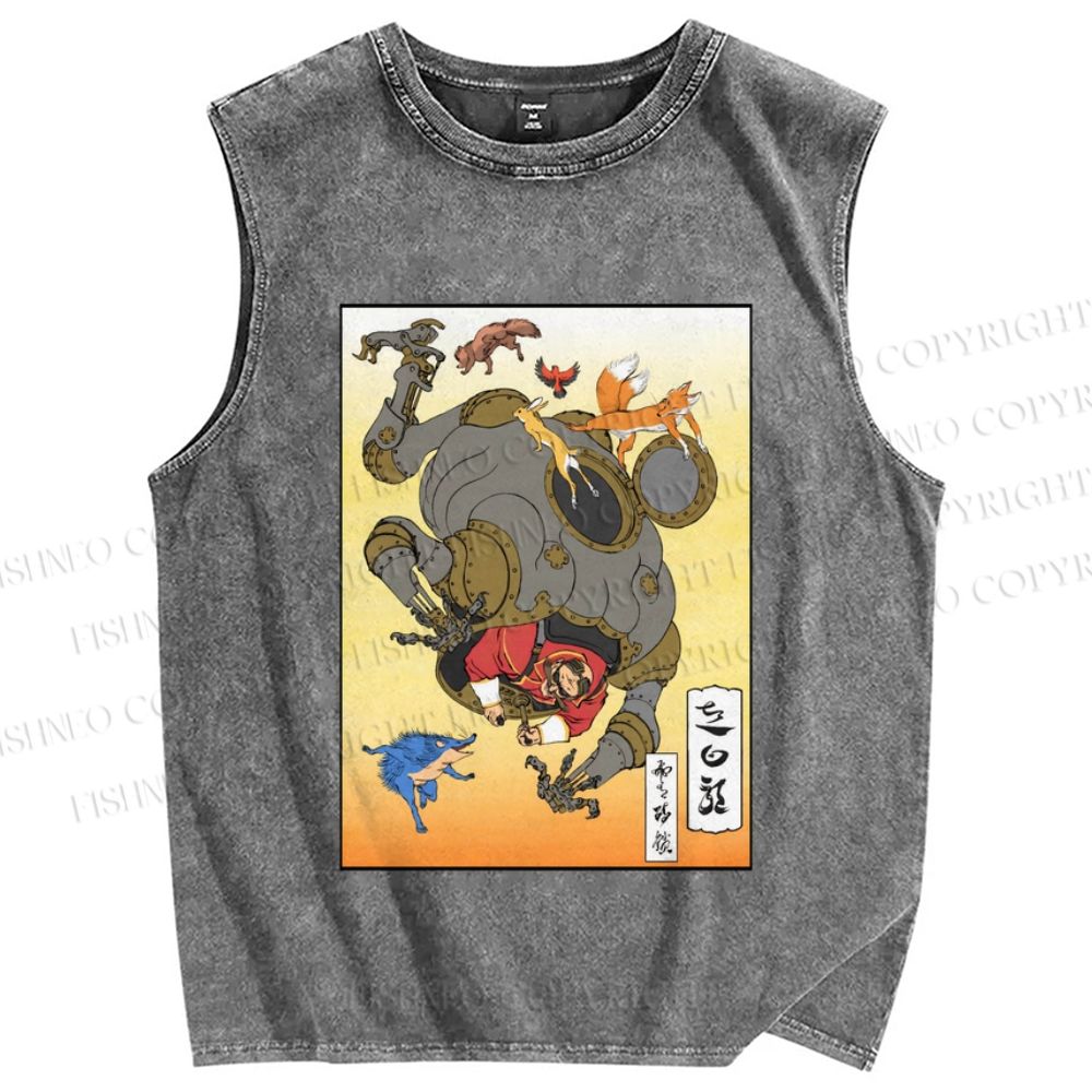 Unisex Japanese Ukiyo-e Man Cracking the Egg Printed Washed Tank Top
