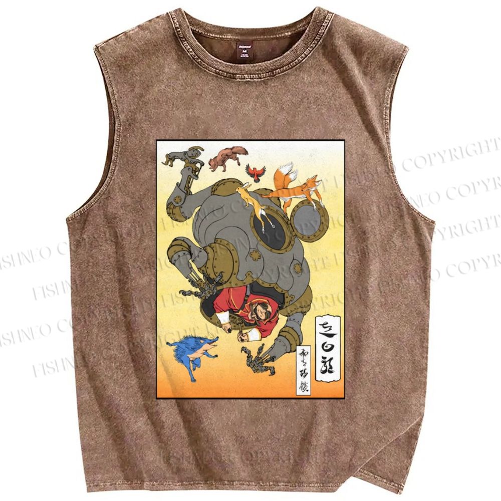 Unisex Japanese Ukiyo-e Man Cracking the Egg Printed Washed Tank Top
