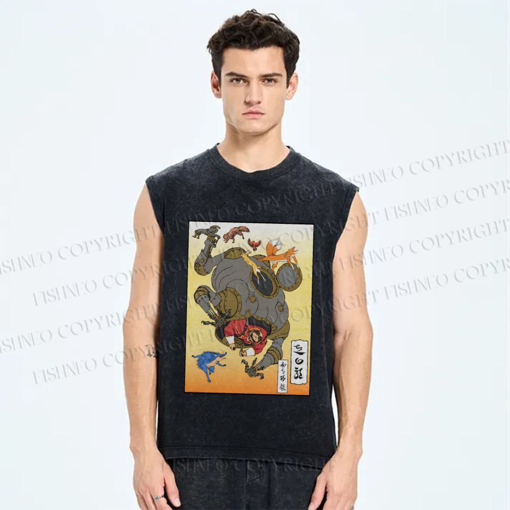 Unisex Japanese Ukiyo-e Man Cracking the Egg Printed Washed Tank Top