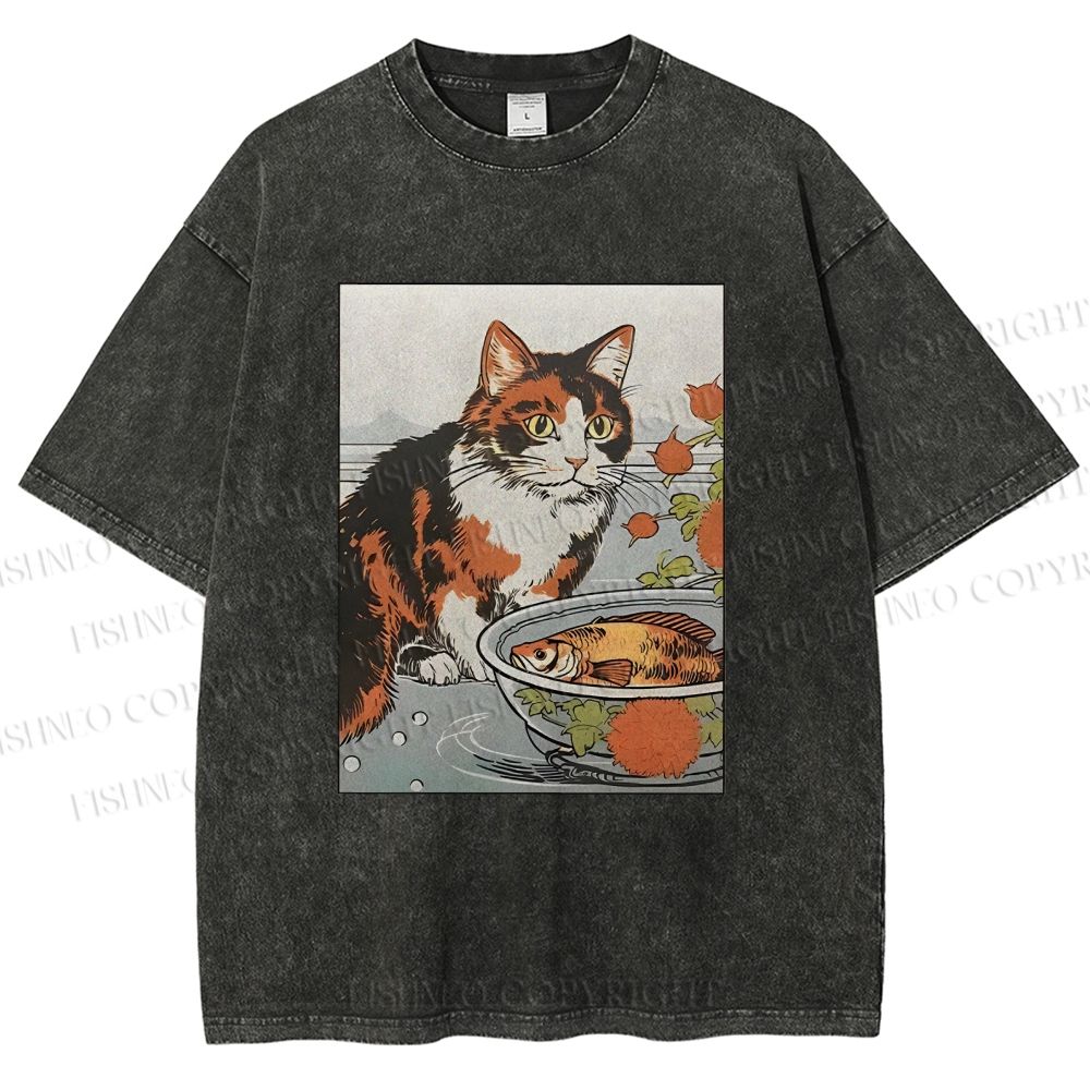 Unisex Cat And Fish Printed Washed Tee