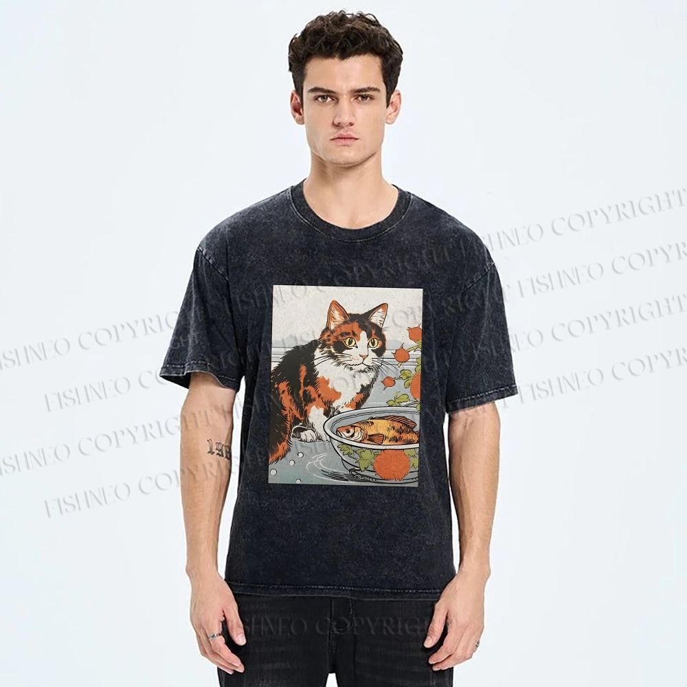 Unisex Cat And Fish Printed Washed Tee