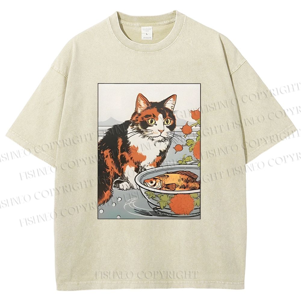 Unisex Cat And Fish Printed Washed Tee