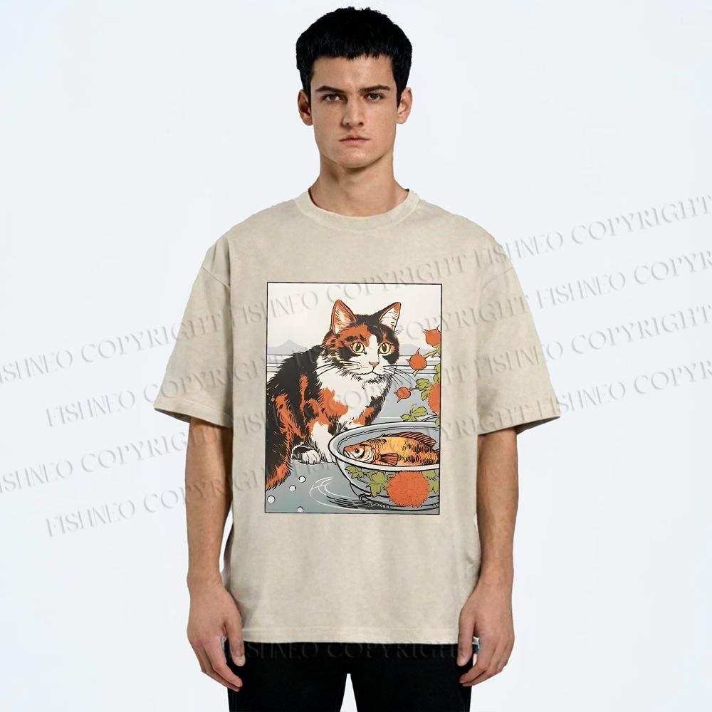 Unisex Cat And Fish Printed Washed Tee