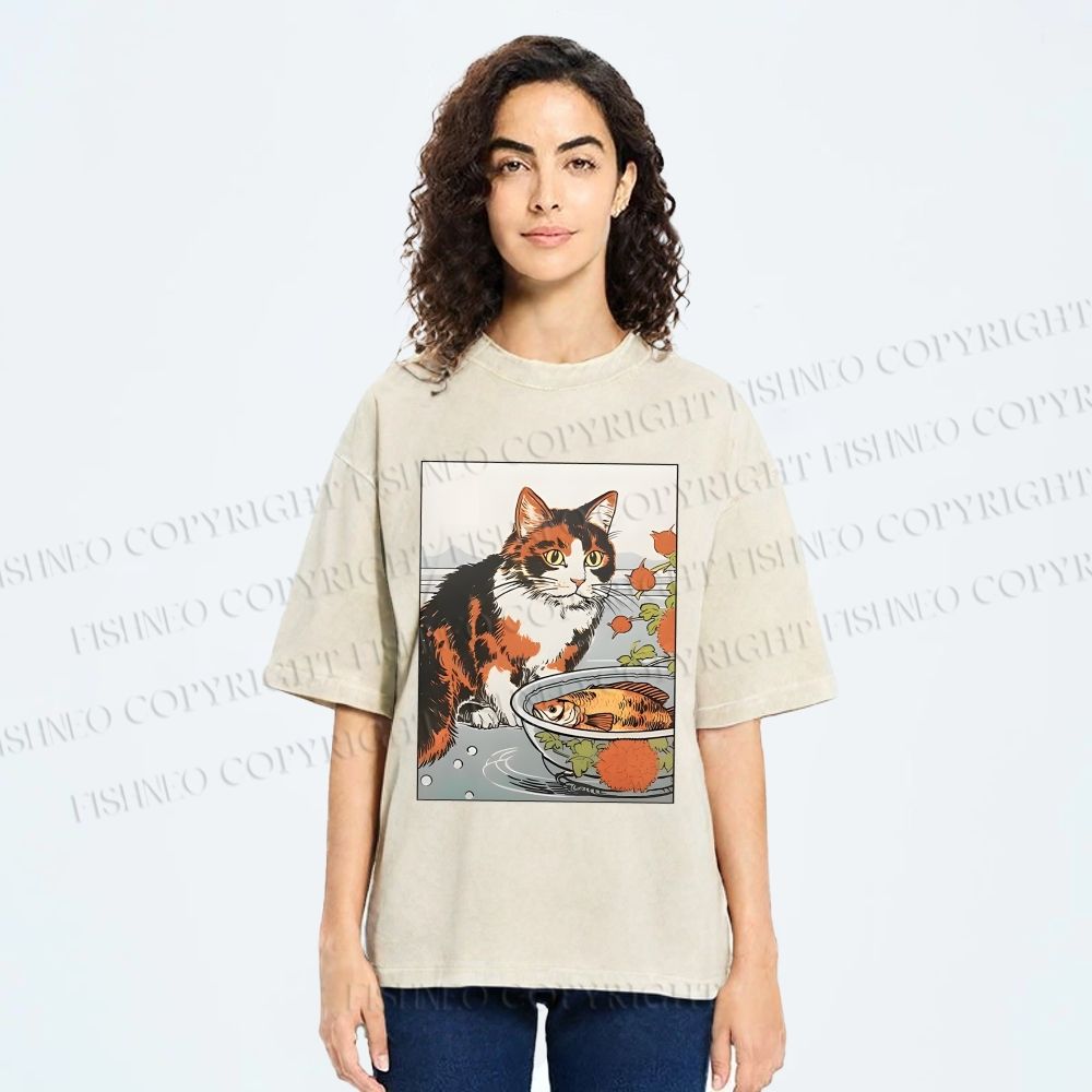 Unisex Cat And Fish Printed Washed Tee