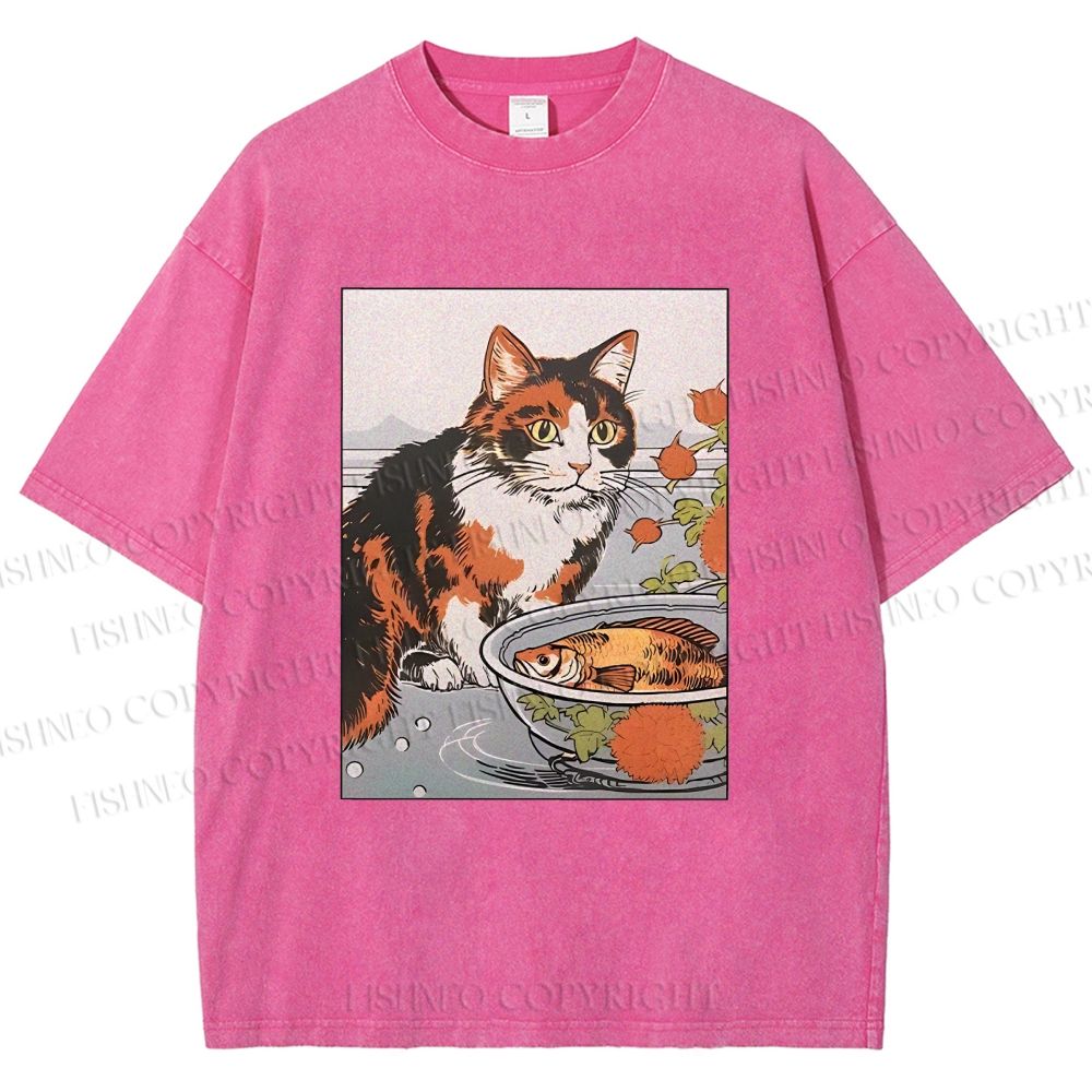 Unisex Cat And Fish Printed Washed Tee