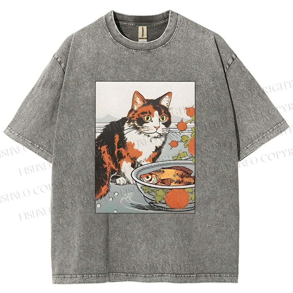 Unisex Cat And Fish Printed Washed Tee
