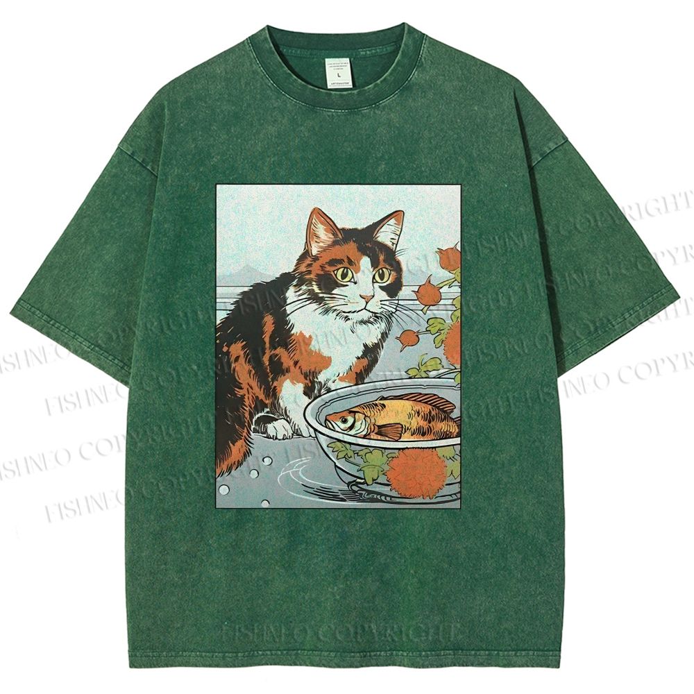 Unisex Cat And Fish Printed Washed Tee