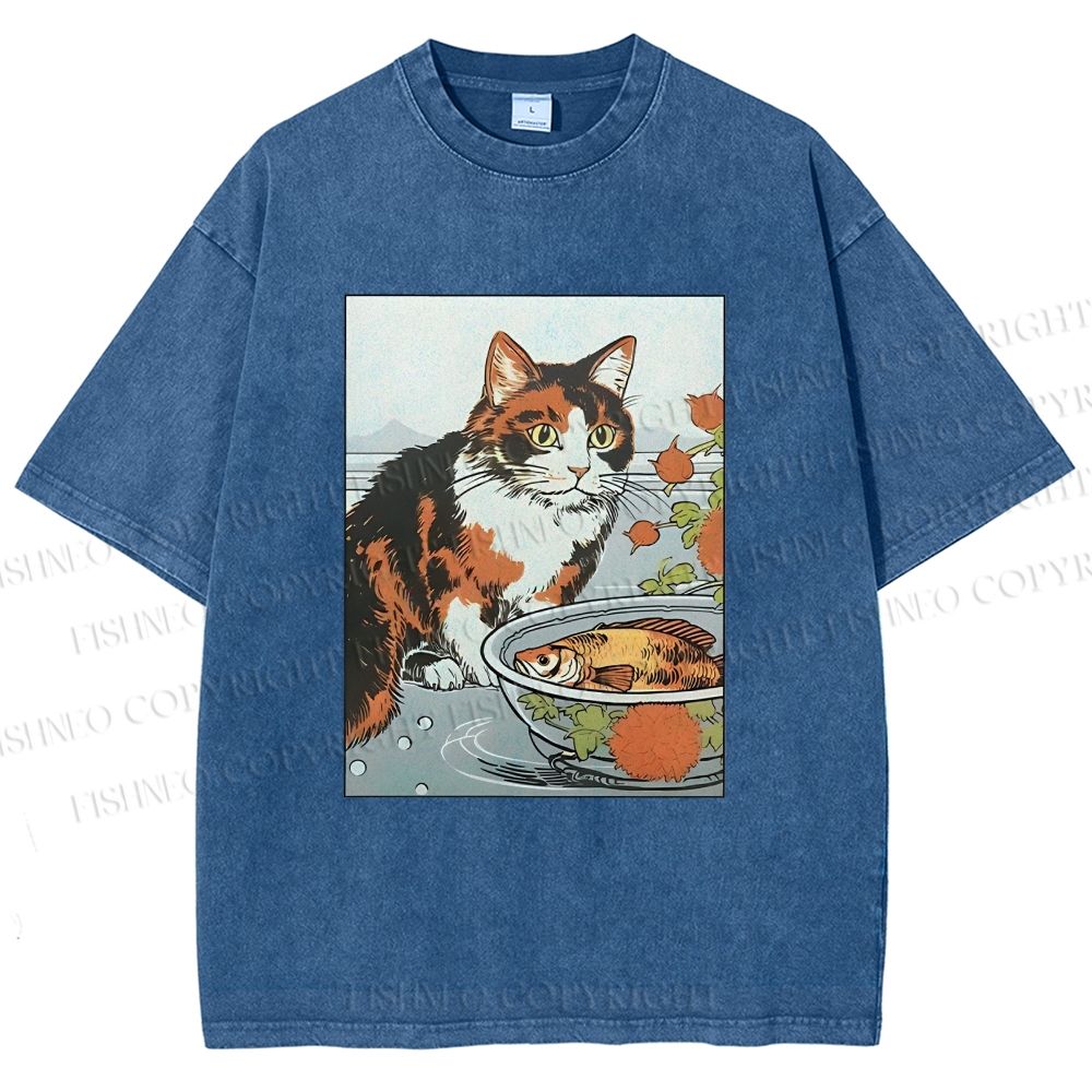 Unisex Cat And Fish Printed Washed Tee