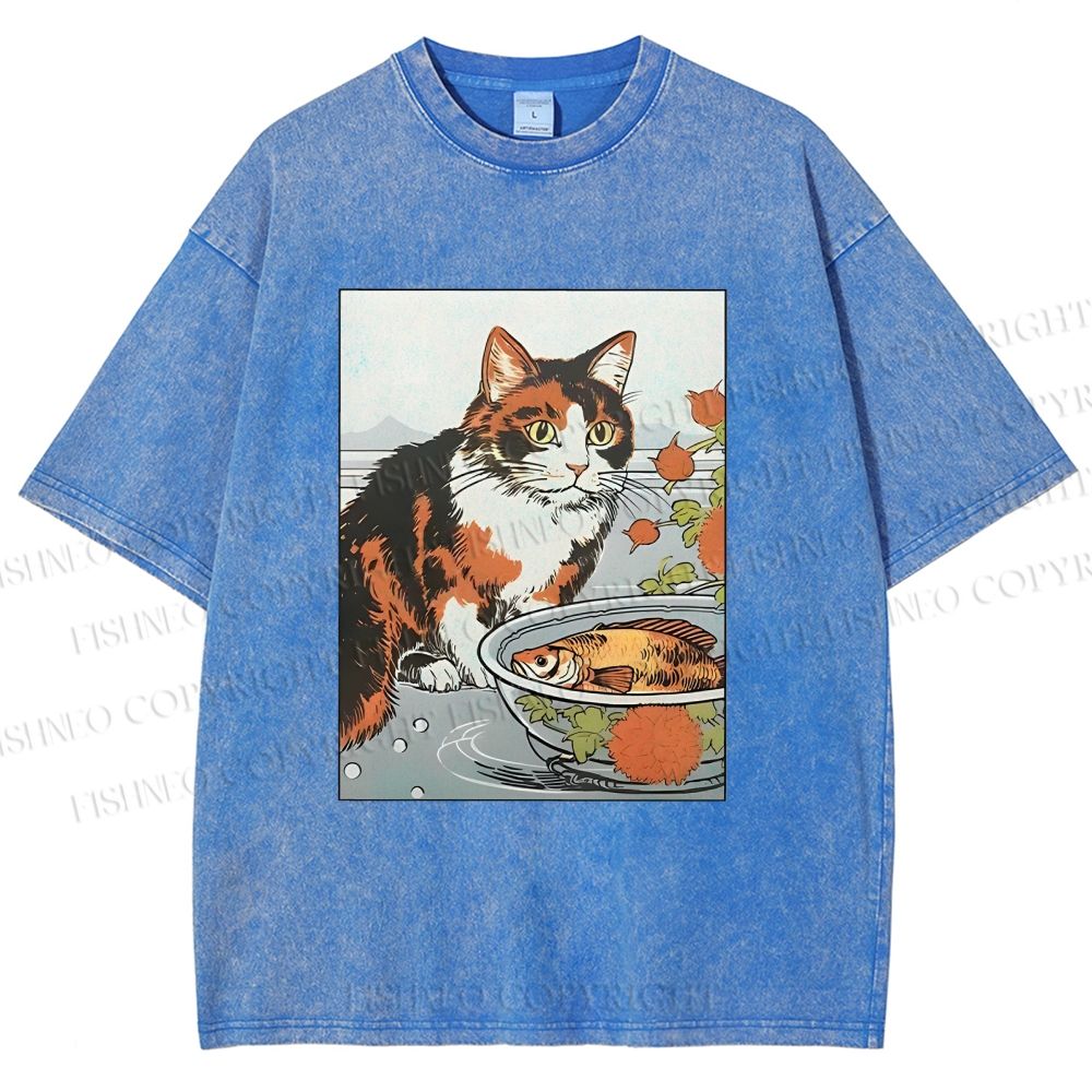 Unisex Cat And Fish Printed Washed Tee