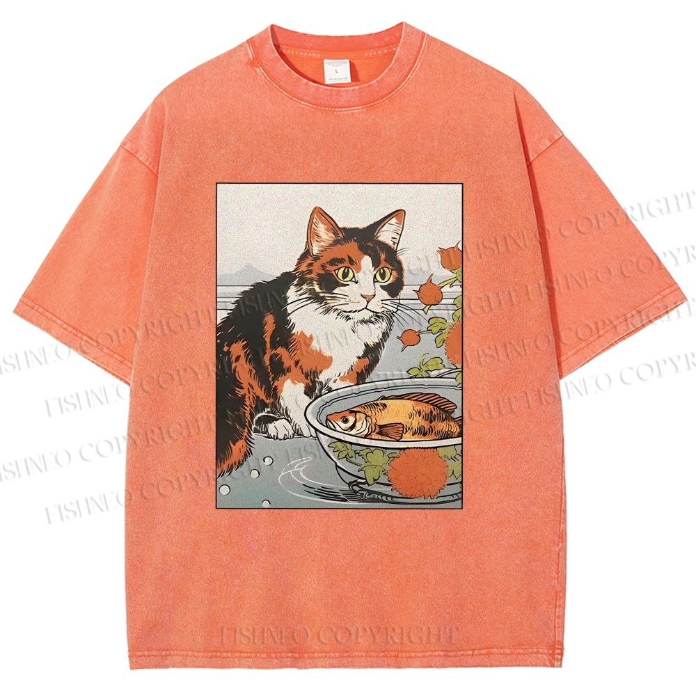Unisex Cat And Fish Printed Washed Tee