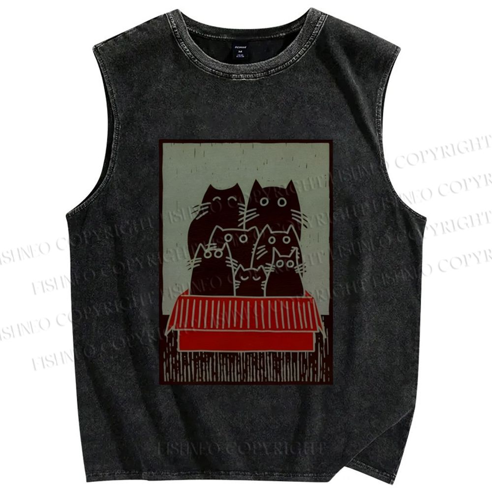 Unisex Vintage Cat Printed Washed Tank Top