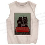 Unisex Vintage Cat Printed Washed Tank Top