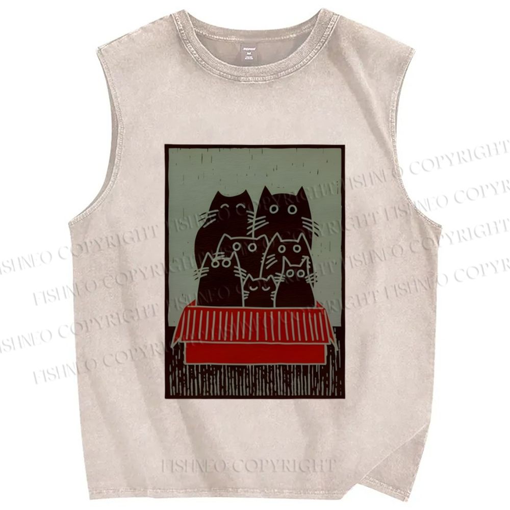 Unisex Vintage Cat Printed Washed Tank Top