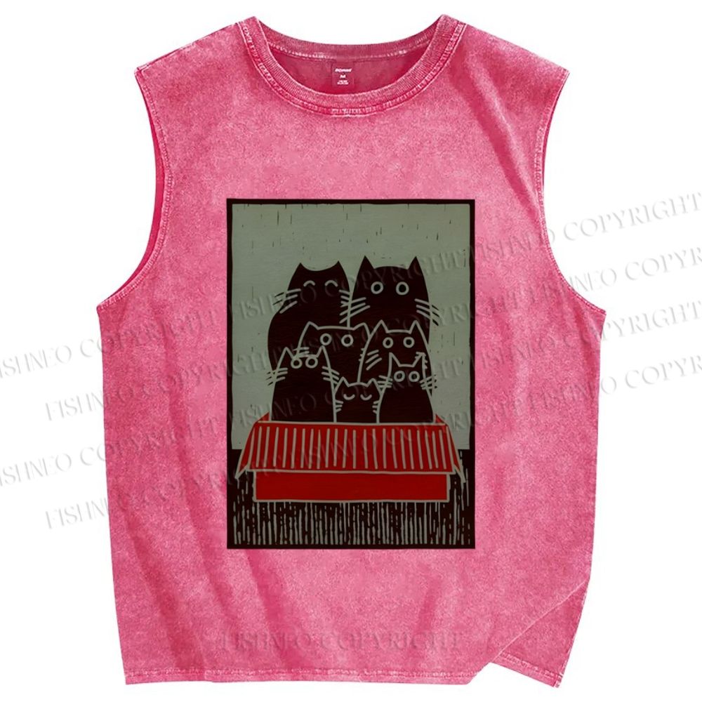 Unisex Vintage Cat Printed Washed Tank Top