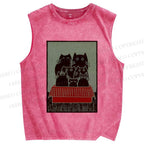 Unisex Vintage Cat Printed Washed Tank Top