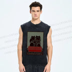 Unisex Vintage Cat Printed Washed Tank Top