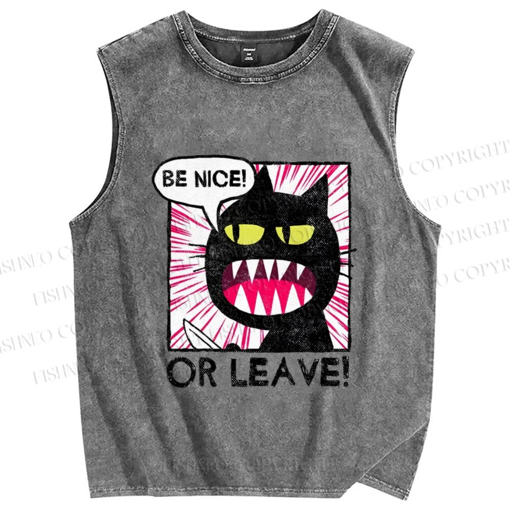 Unisex Be Nice Or Leave Cat Printed Washed Tank Top