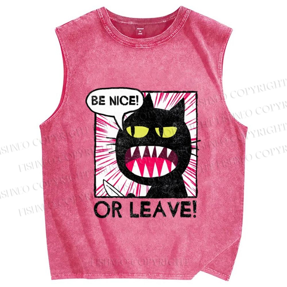 Unisex Be Nice Or Leave Cat Printed Washed Tank Top