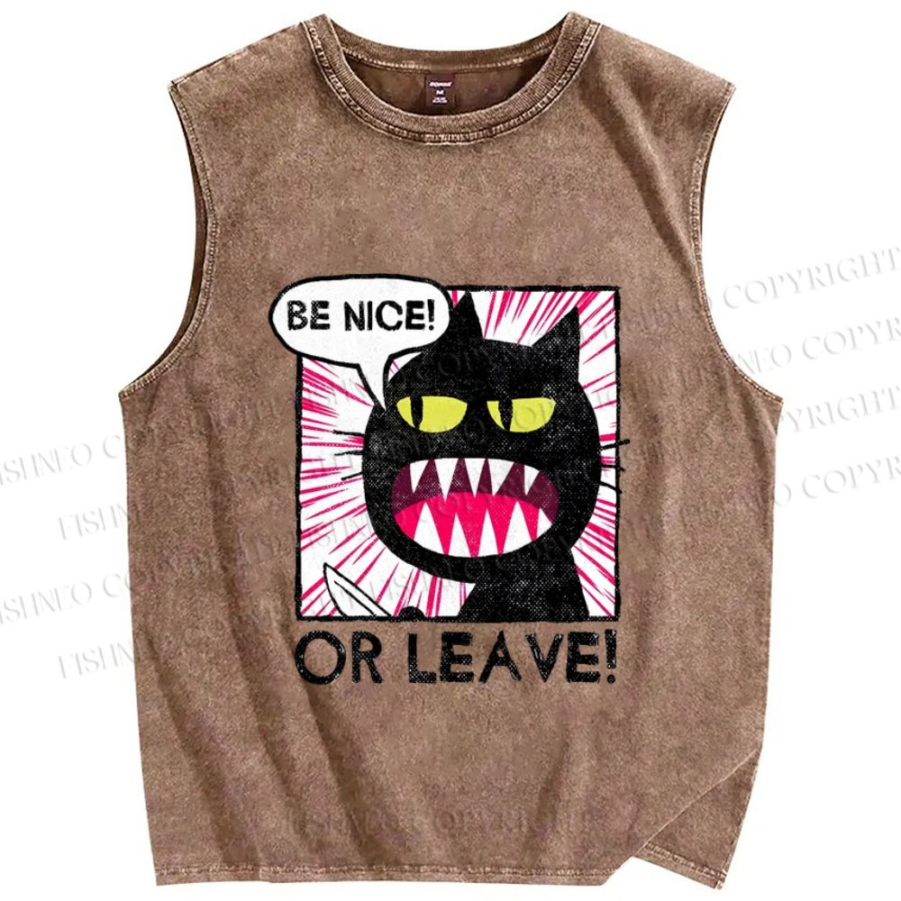 Unisex Be Nice Or Leave Cat Printed Washed Tank Top