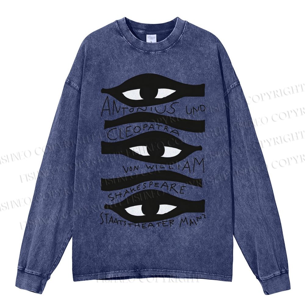 Unisex Casual Washed Artistic Abstract Eyes Printed Long Sleeve T-shirt