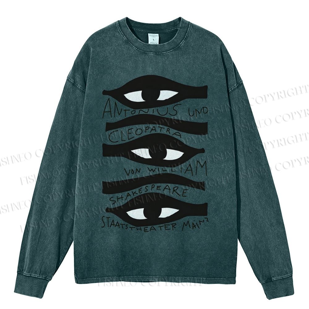 Unisex Casual Washed Artistic Abstract Eyes Printed Long Sleeve T-shirt