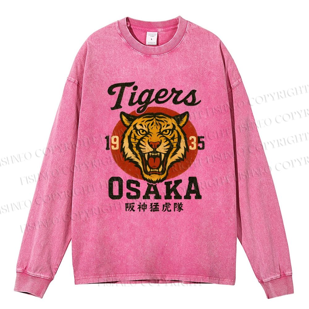 Unisex Casual Washed Tiger Osaka Printed Long Sleeve T-shirt