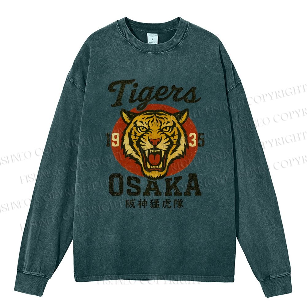 Unisex Casual Washed Tiger Osaka Printed Long Sleeve T-shirt