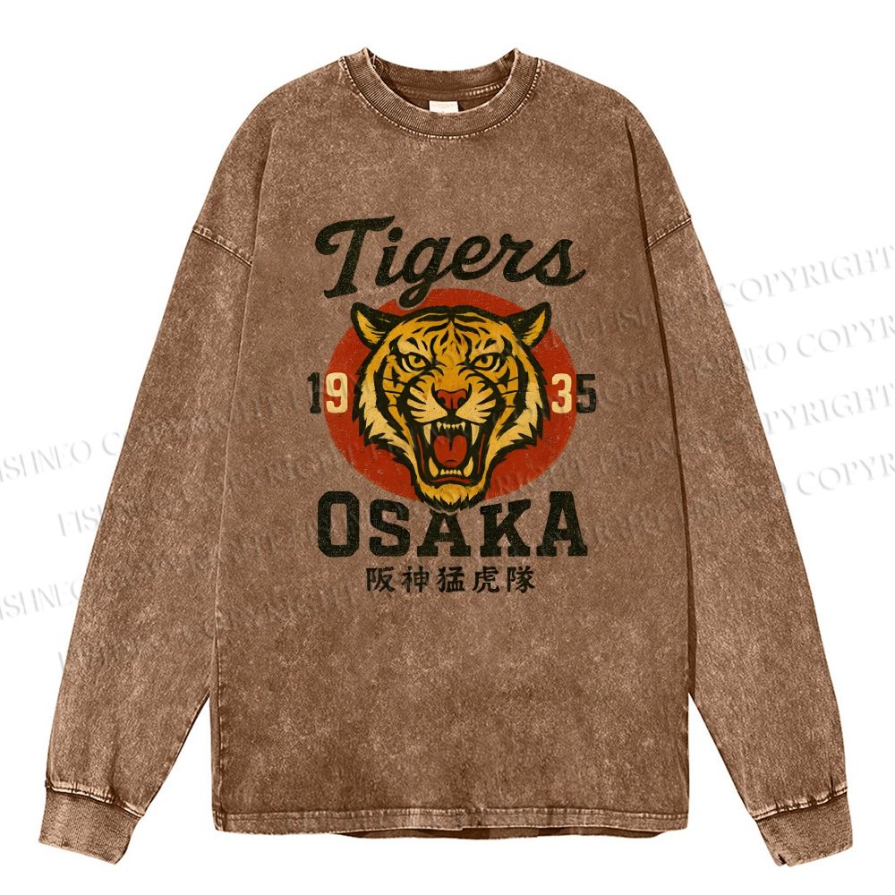 Unisex Casual Washed Tiger Osaka Printed Long Sleeve T-shirt