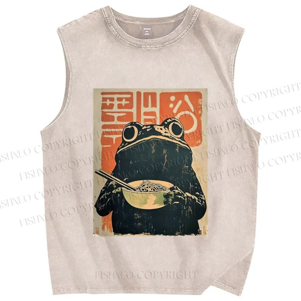 Frog Eating Ramen Vintage Distressed Washed Tank Top