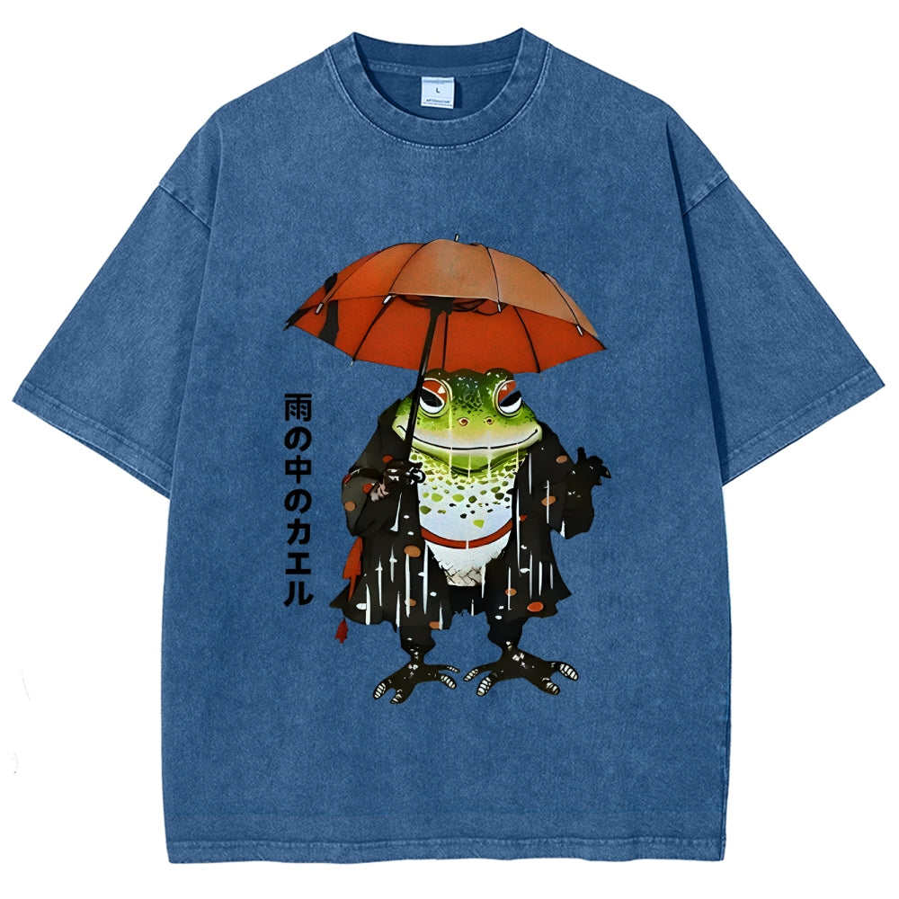 Frog In The Rain Vintage Wash Japanese Design T-Shirt