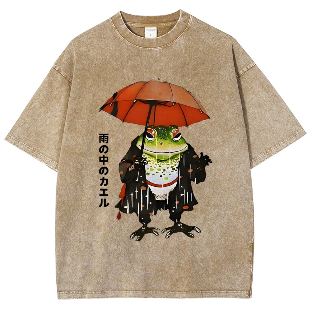 Frog In The Rain Vintage Wash Japanese Design T-Shirt