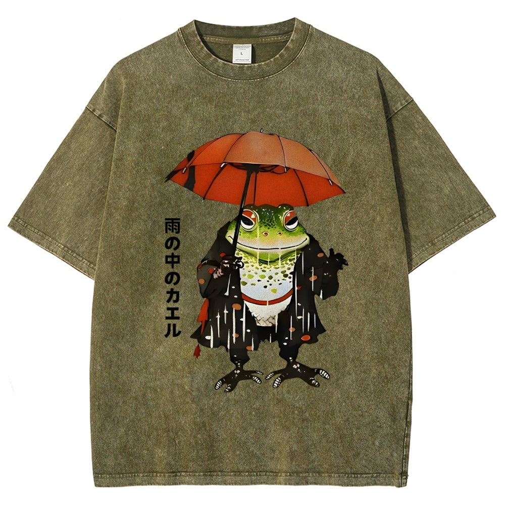 Frog In The Rain Vintage Wash Japanese Design T-Shirt