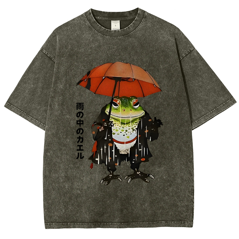 Frog In The Rain Vintage Wash Japanese Design T-Shirt