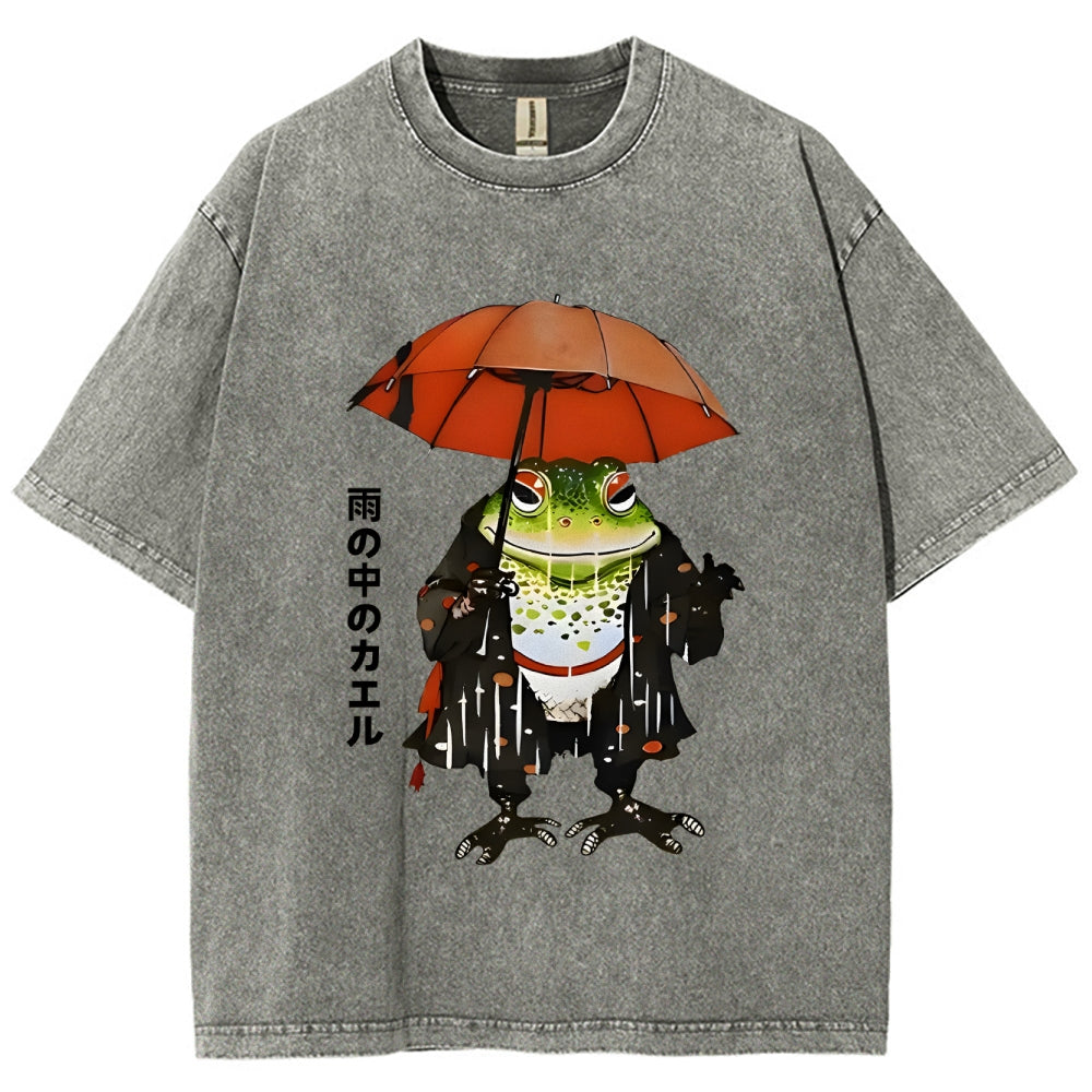 Frog In The Rain Vintage Wash Japanese Design T-Shirt