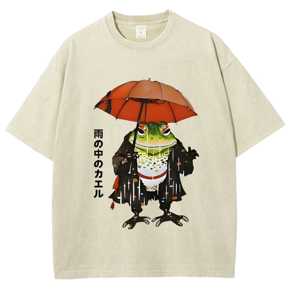 Frog In The Rain Vintage Wash Japanese Design T-Shirt