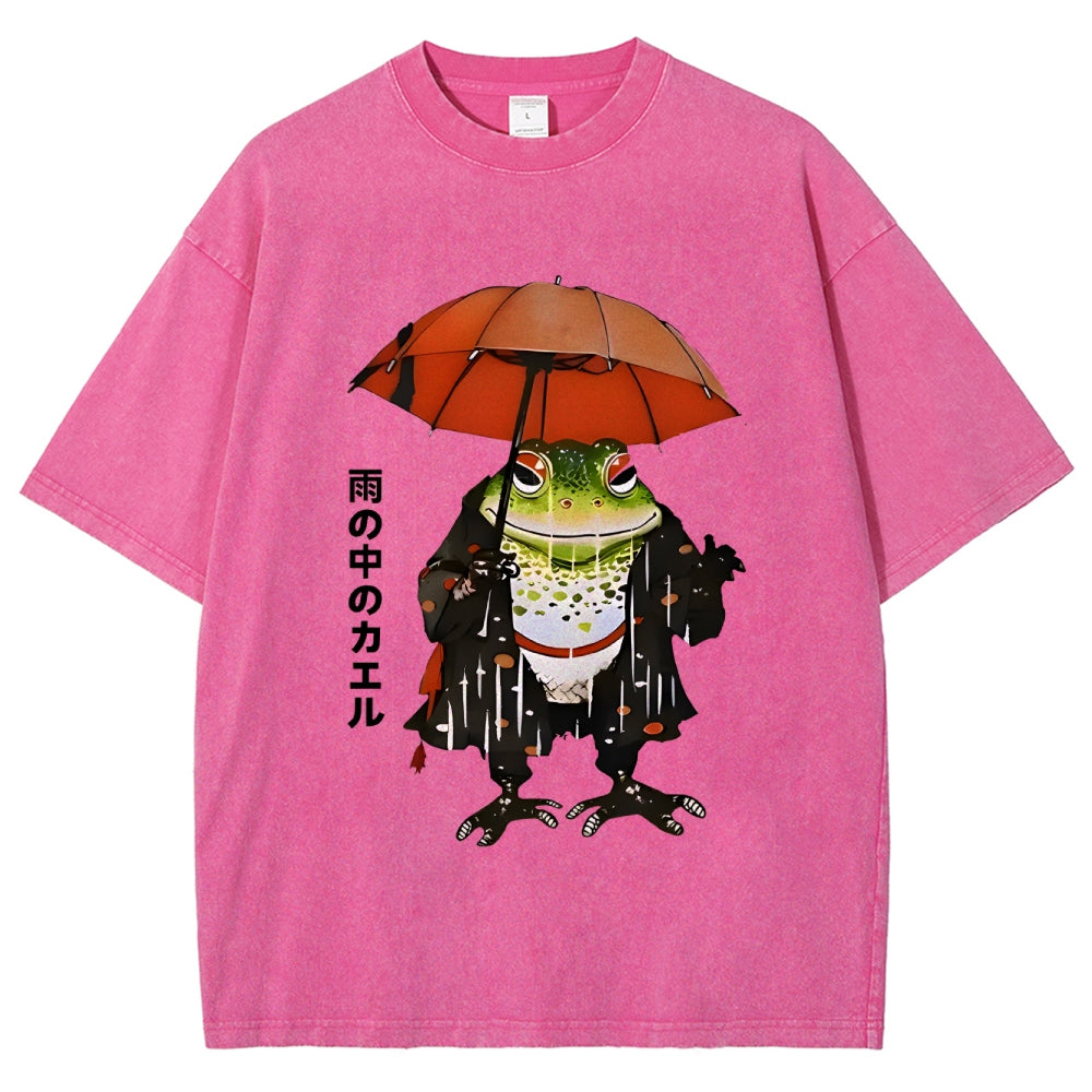 Frog In The Rain Vintage Wash Japanese Design T-Shirt