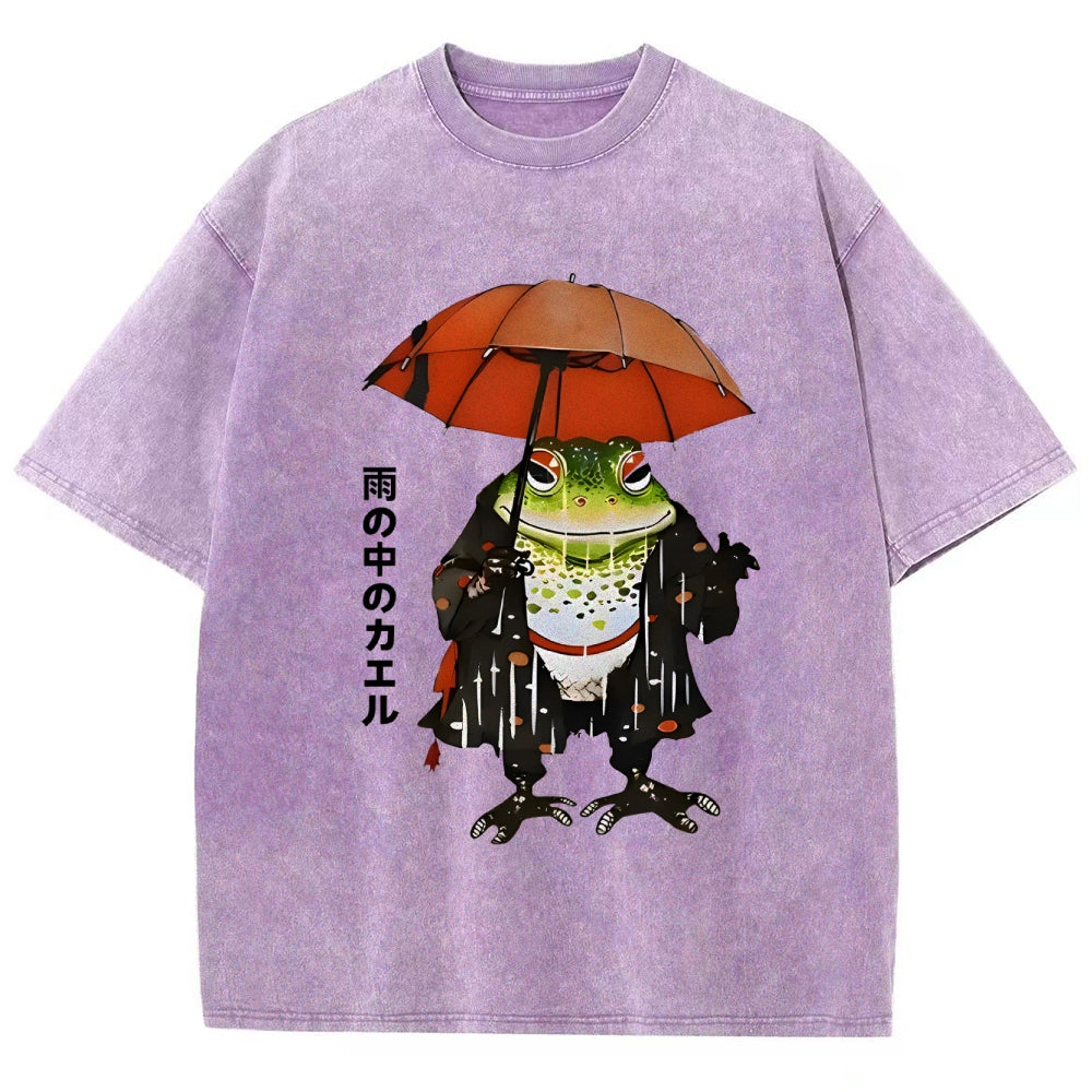 Frog In The Rain Vintage Wash Japanese Design T-Shirt